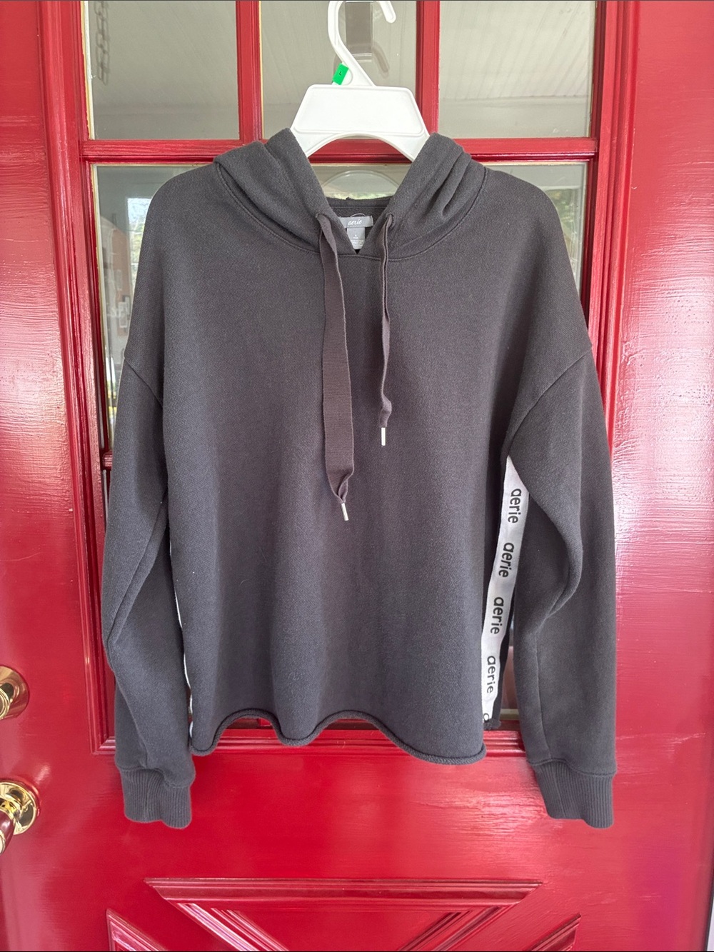 aerie Men's Black Crewneck Hooded Sweater with Side Logo Tape